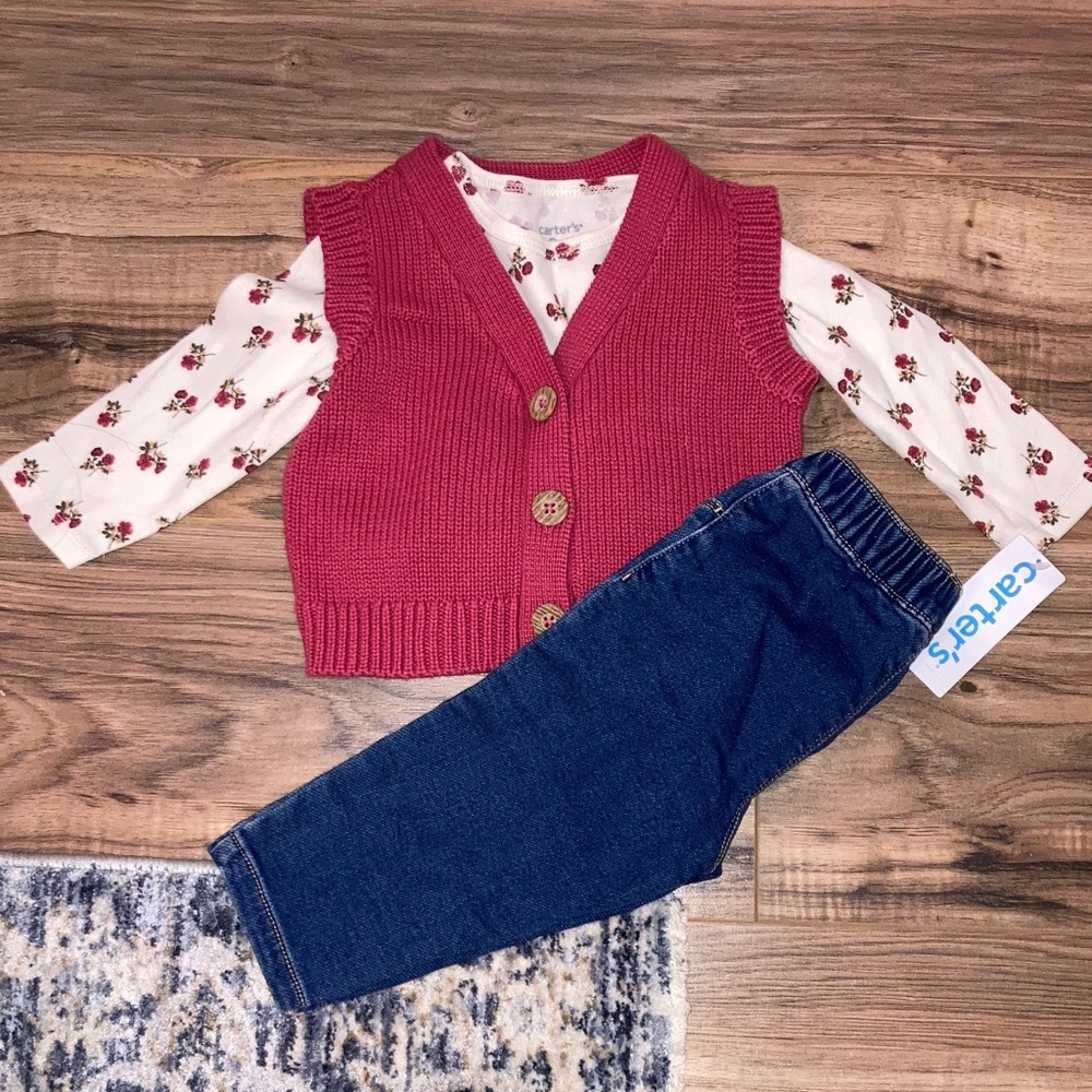 #48. 🆕 NWT - Carter's Pink Knit Vest with Floral Top and Blue Jeans